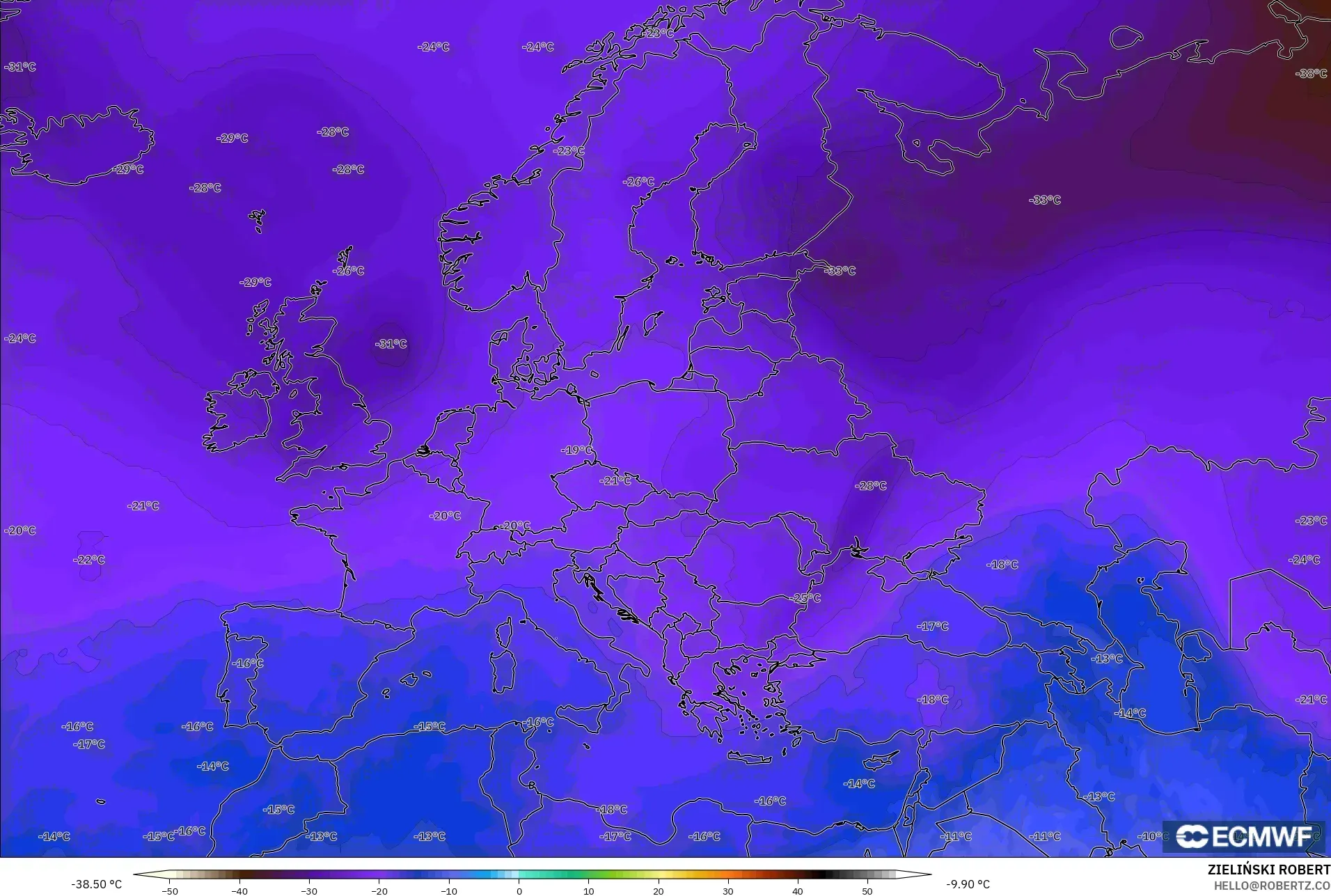 ECMWF IFS 0.25° modelo - Europa, Temperatura a 500 hPa