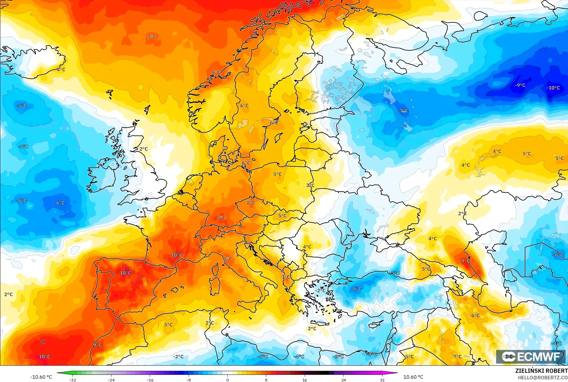 ECMWF IFS 0.25° modelo - Europa, Anomalía de temperatura a 850 hPa
