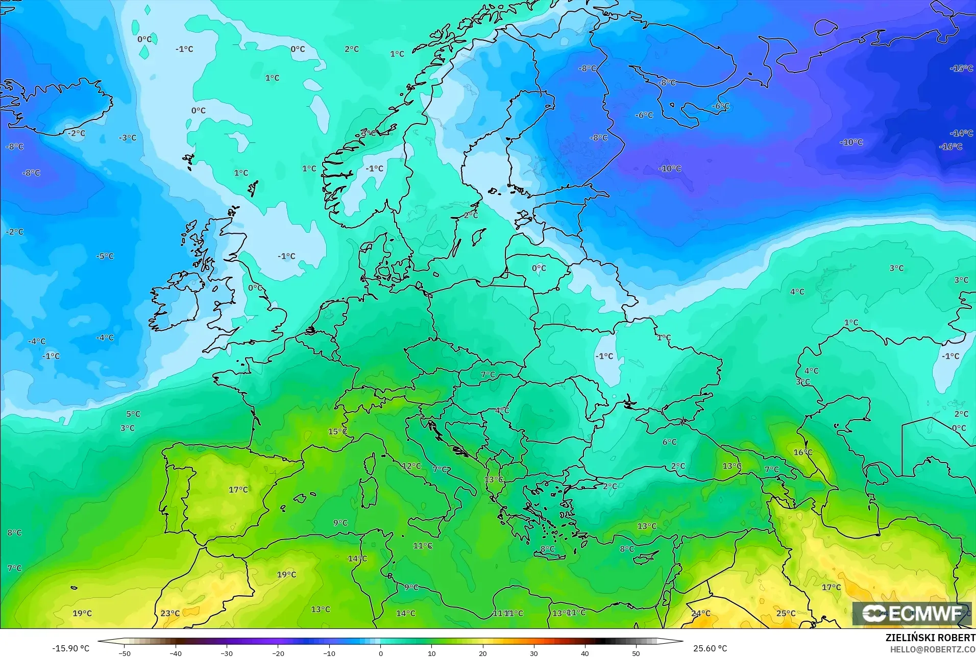 ECMWF IFS 0.25° modelo - Europa, Temperatura a 850 hPa