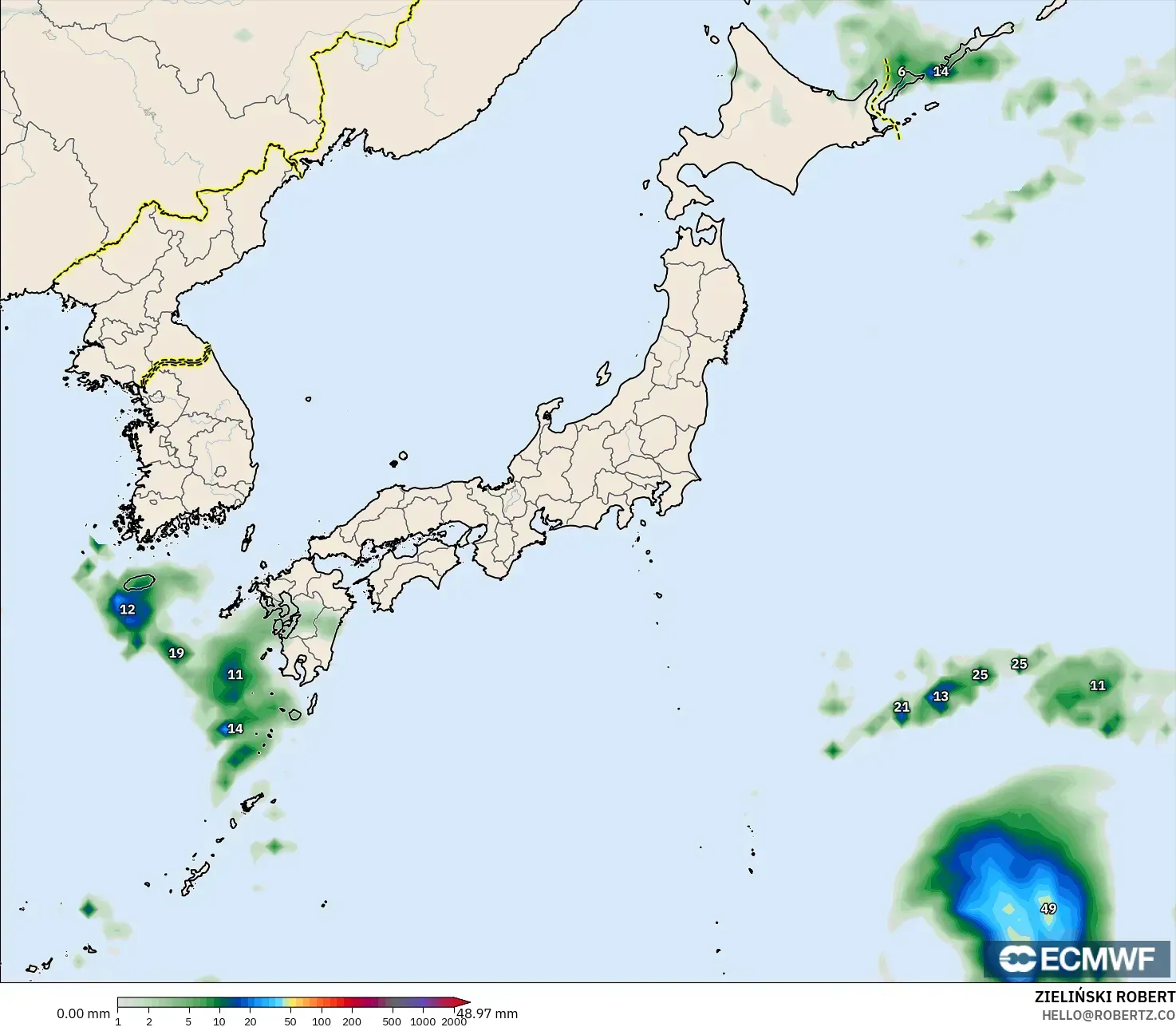 ECMWF IFS 0.25° modelo - Japón, Acumulación de precipitación