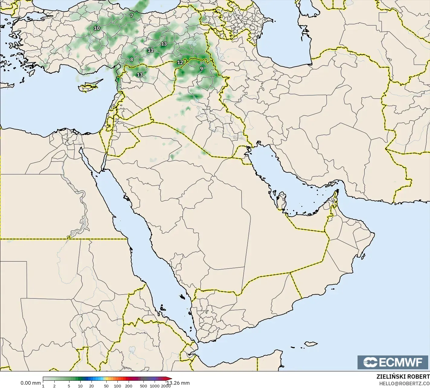 ECMWF IFS 0.25° modelo - Oriente Medio, Acumulación de precipitación
