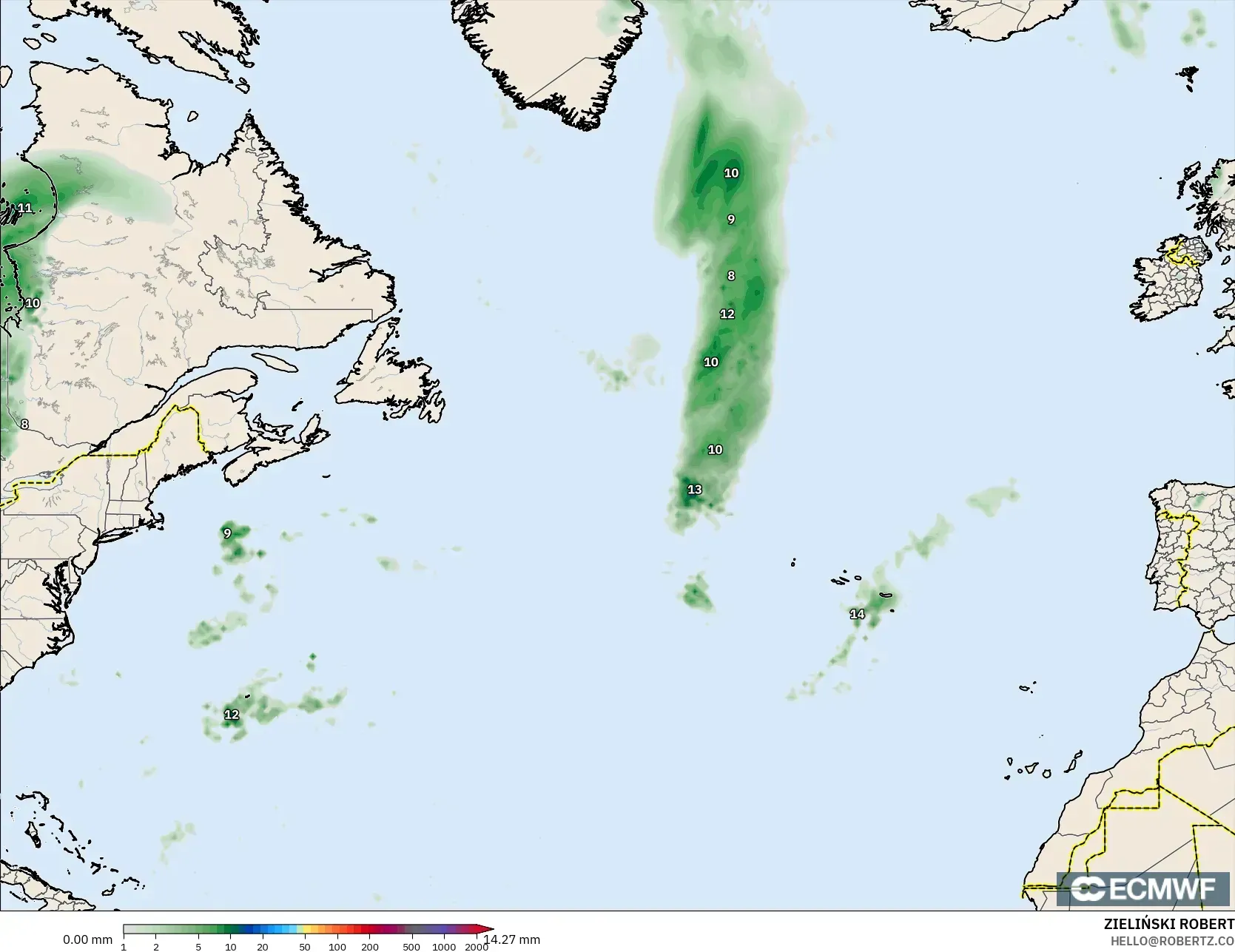 ECMWF IFS 0.25° modelo - Norte Atlántico, Acumulación de precipitación