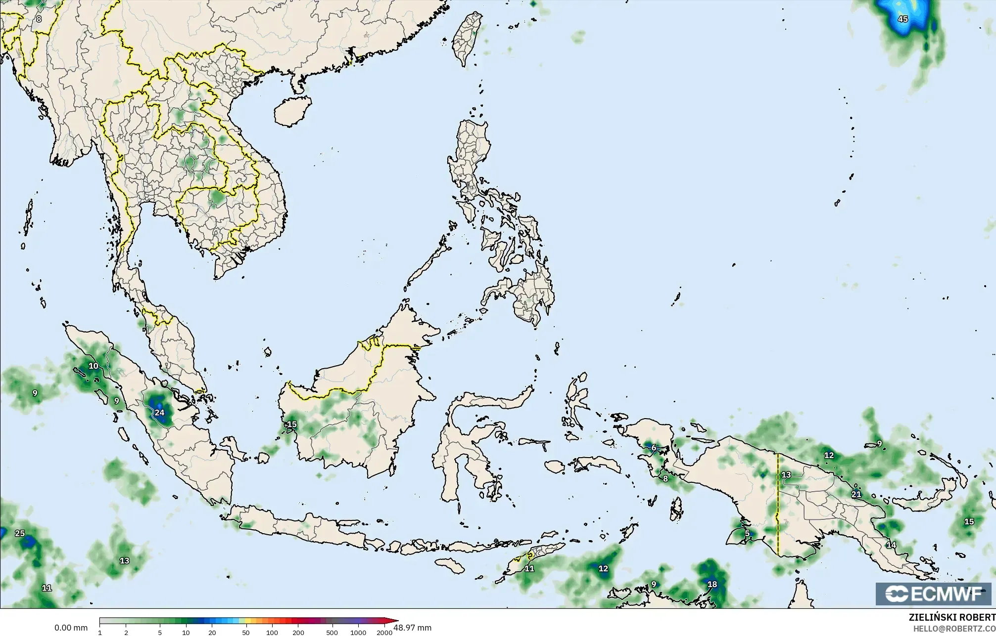 ECMWF IFS 0.25° modelo - Sudeste Asiático, Acumulación de precipitación
