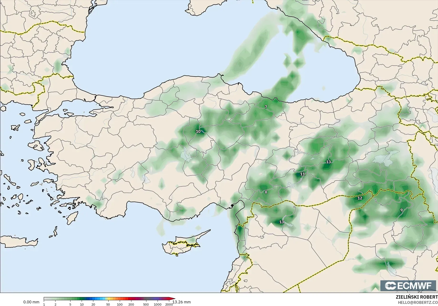 ECMWF IFS 0.25° modelo - Turquía, Acumulación de precipitación