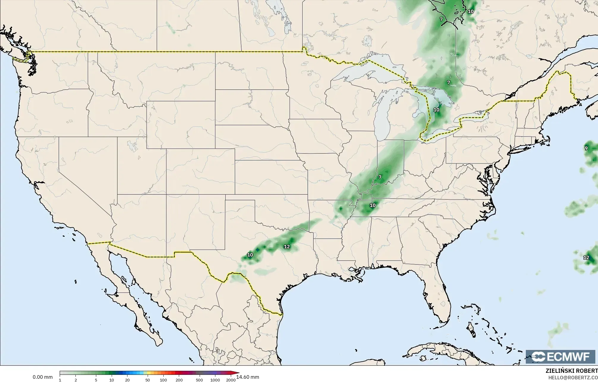 ECMWF IFS 0.25° modelo - Estados Unidos, Acumulación de precipitación