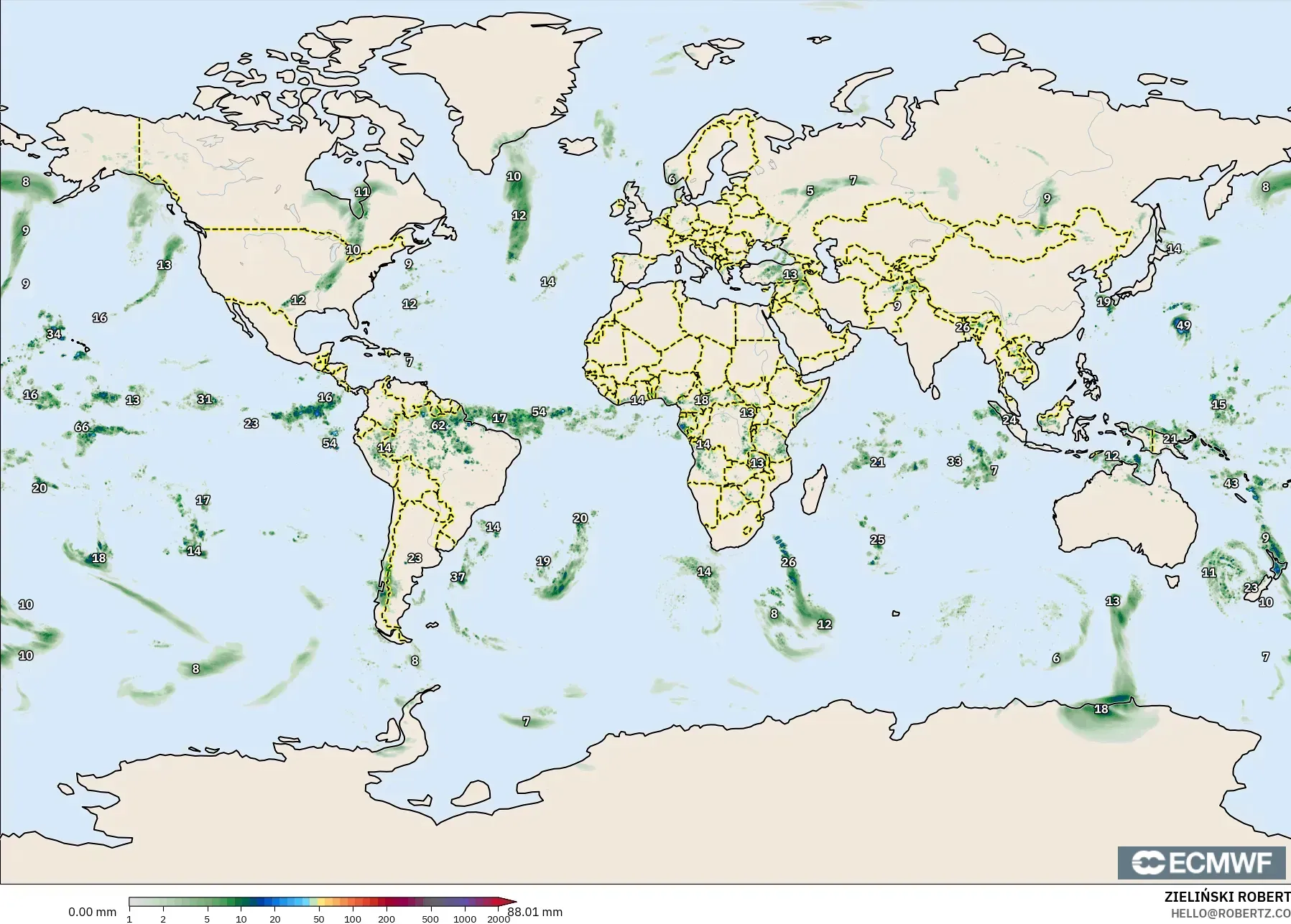 ECMWF IFS 0.25° modelo - Mundo, Acumulación de precipitación
