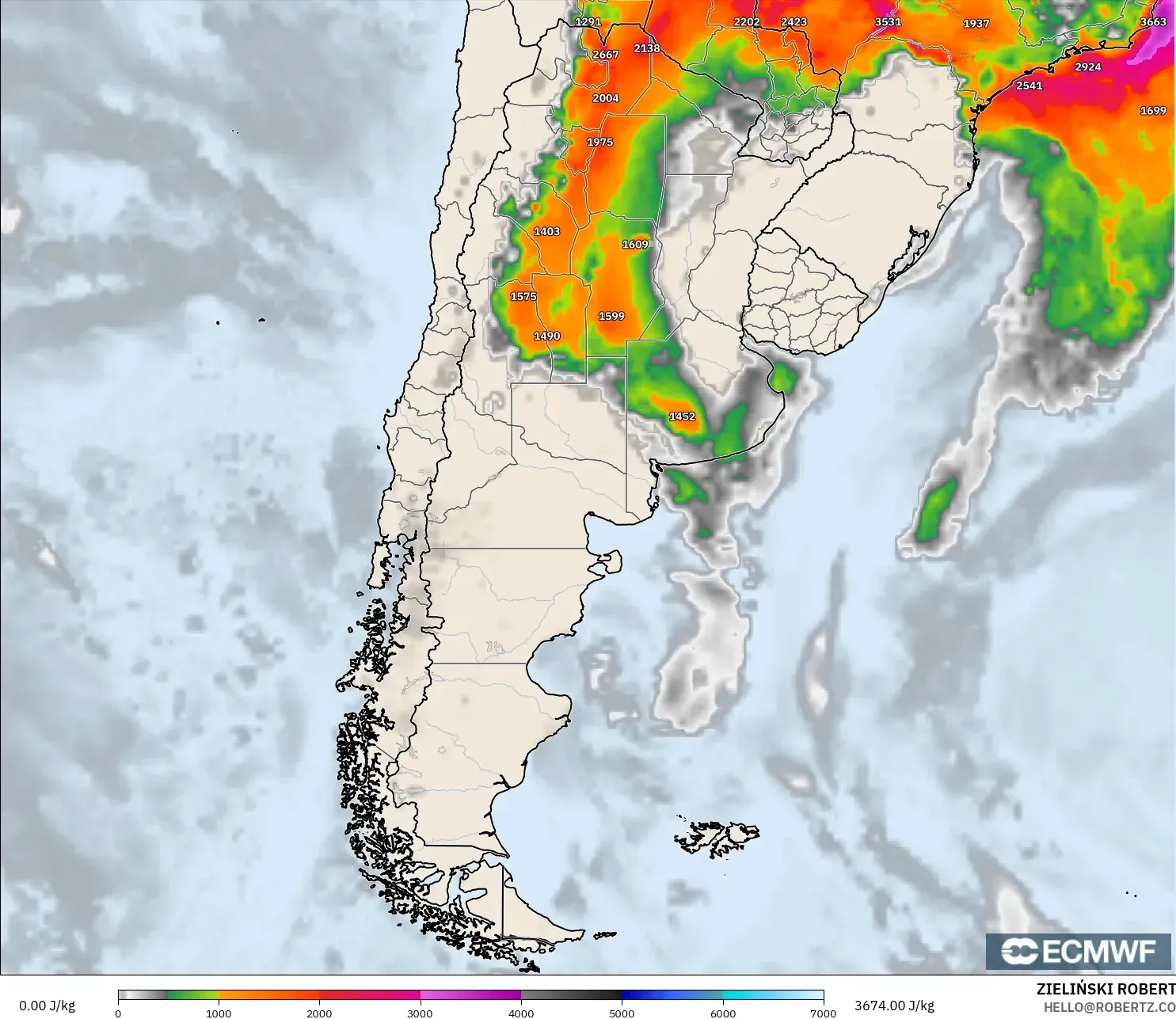ECMWF IFS 0.25° modelo - Argentina, CAPE