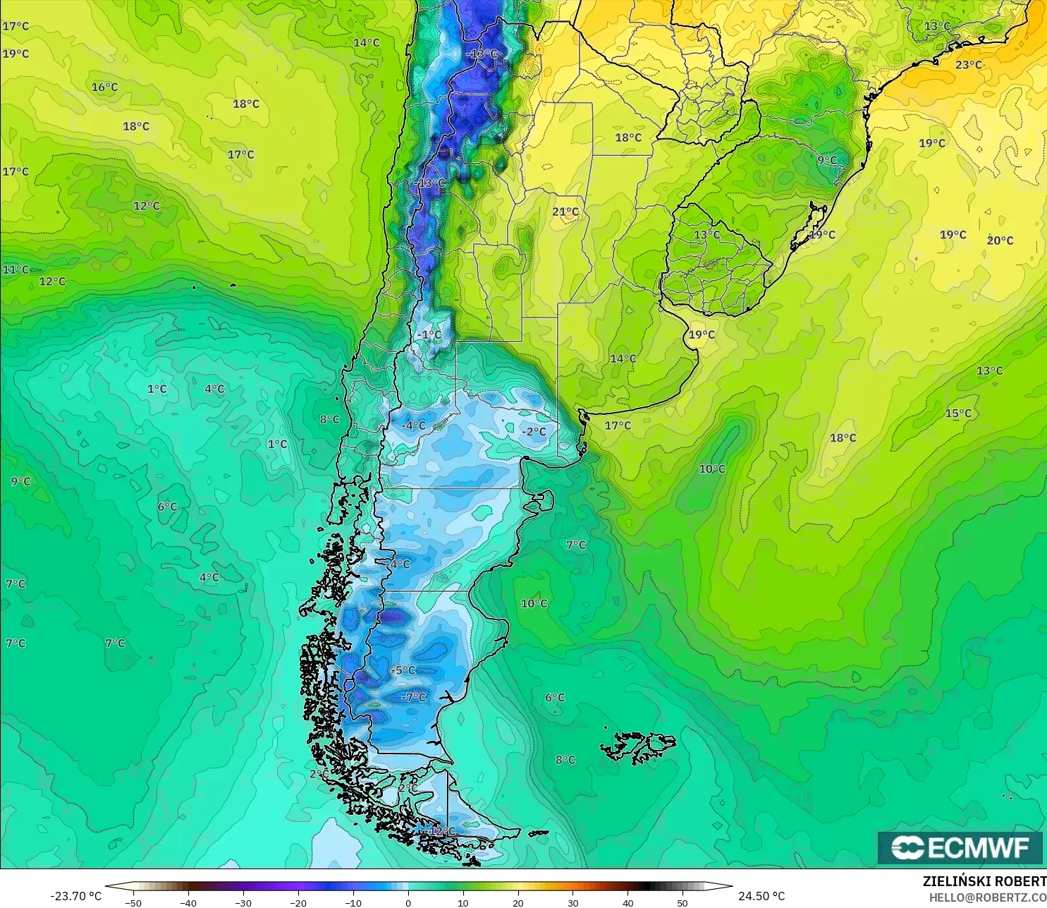 ECMWF IFS 0.25° modelo - Argentina, Punto de rocío a 2 m
