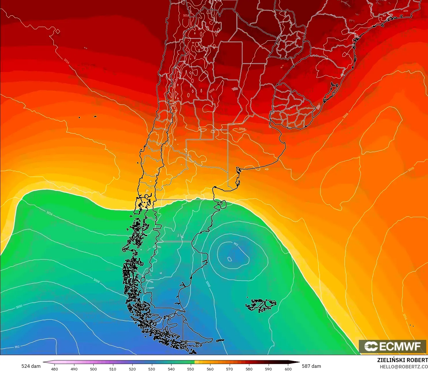 ECMWF IFS 0.25° modelo - Argentina, Altura geopotencial a 500 hPa