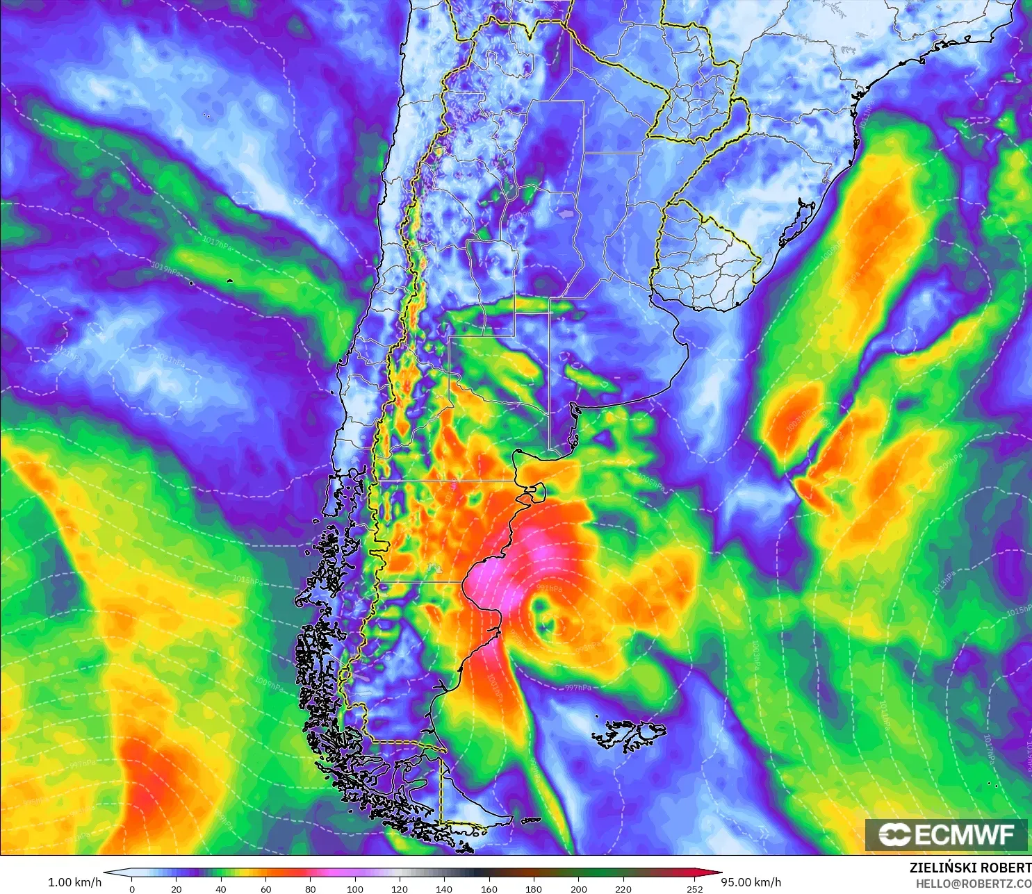 ECMWF IFS 0.25° modelo - Argentina, Ráfagas de Viento Máximas