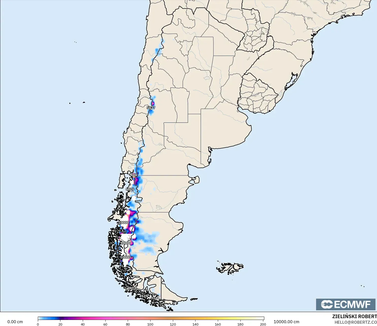 ECMWF IFS 0.25° modelo - Argentina, Profundidad de nieve