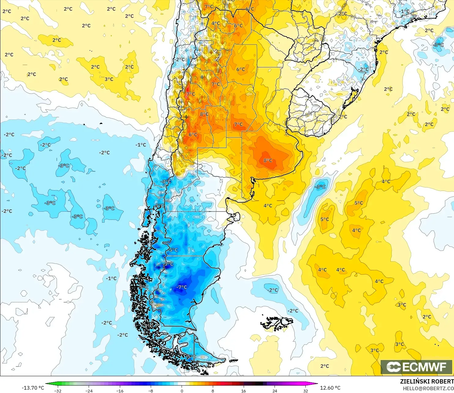 ECMWF IFS 0.25° modelo - Argentina, Anomalía de temperatura a 2 m