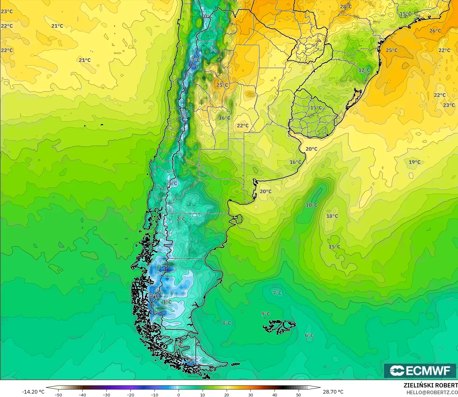 ECMWF IFS 0.25° modelo - Argentina, Temperatura a 2 m