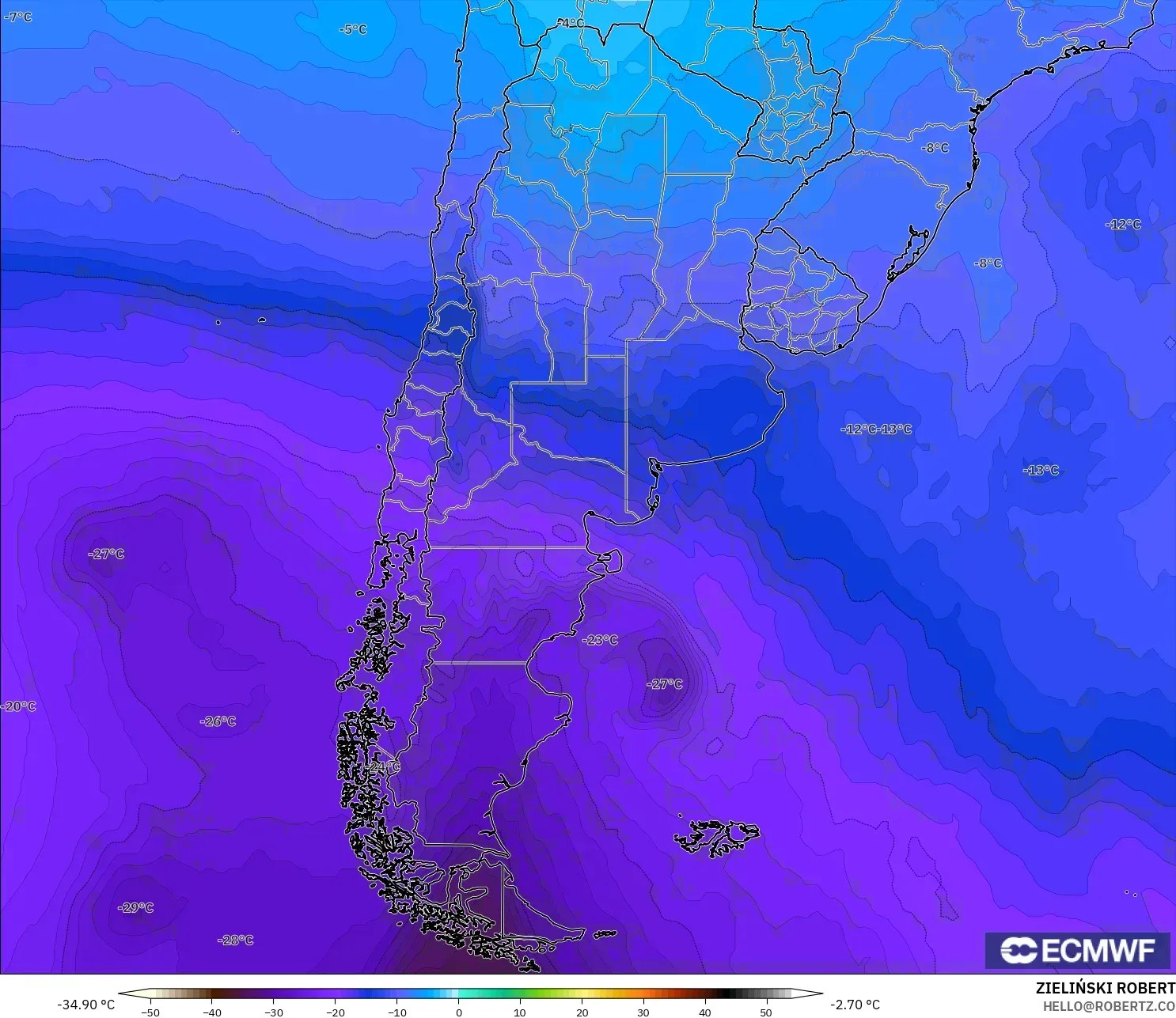 ECMWF IFS 0.25° modelo - Argentina, Temperatura a 500 hPa