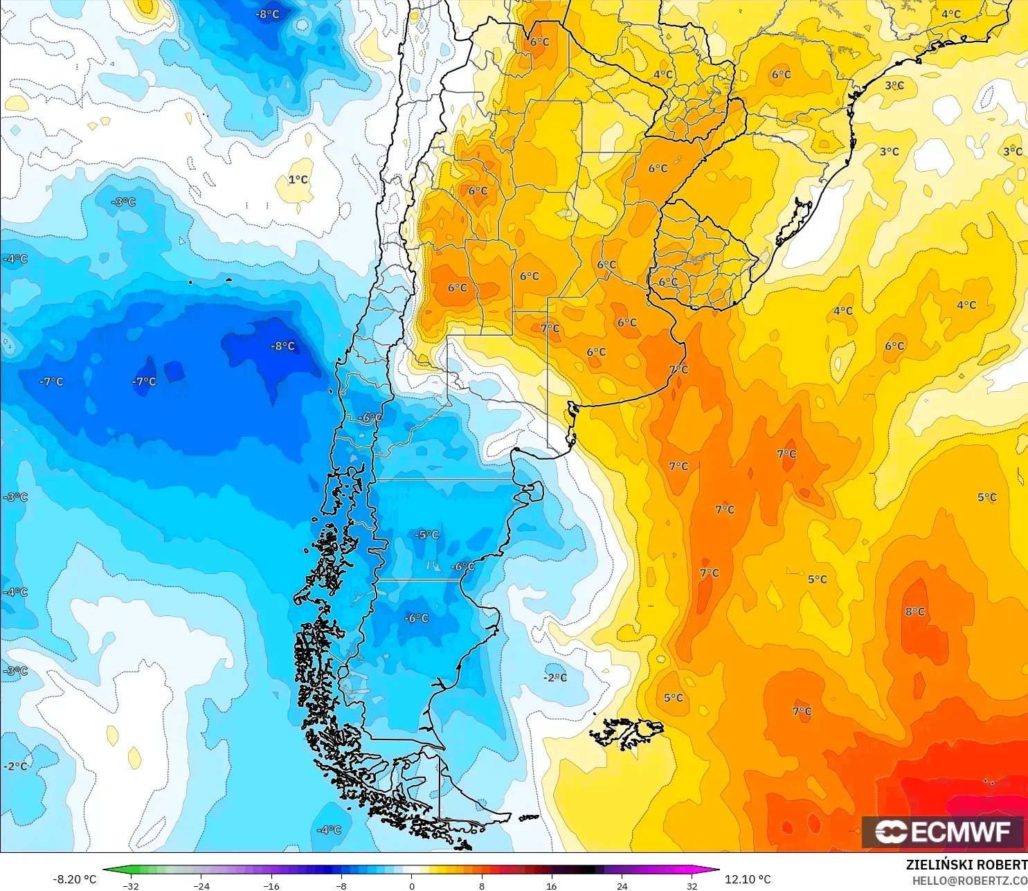 ECMWF IFS 0.25° modelo - Argentina, Anomalía de temperatura a 850 hPa