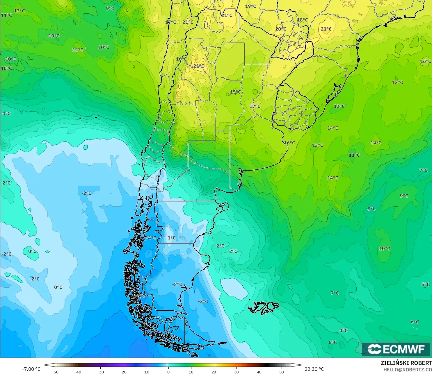 ECMWF IFS 0.25° modelo - Argentina, Temperatura a 850 hPa