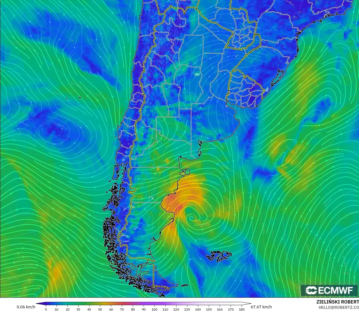 ECMWF IFS 0.25° modelo - Argentina, Viento a 10 m