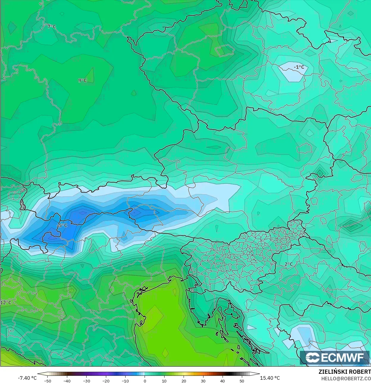 ECMWF IFS 0.25° modelo - Austria, Punto de rocío a 2 m