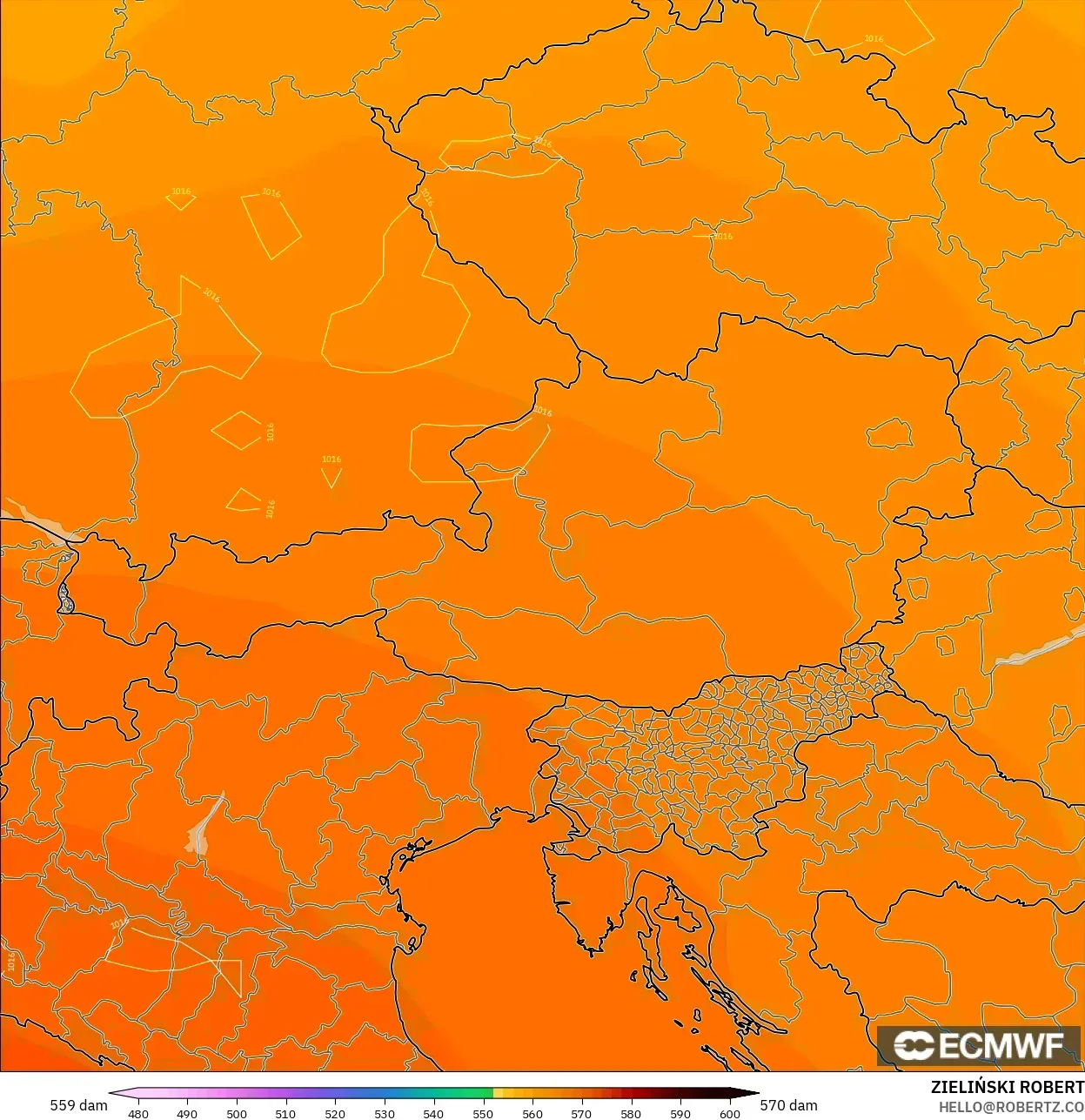ECMWF IFS 0.25° modelo - Austria, Altura geopotencial a 500 hPa