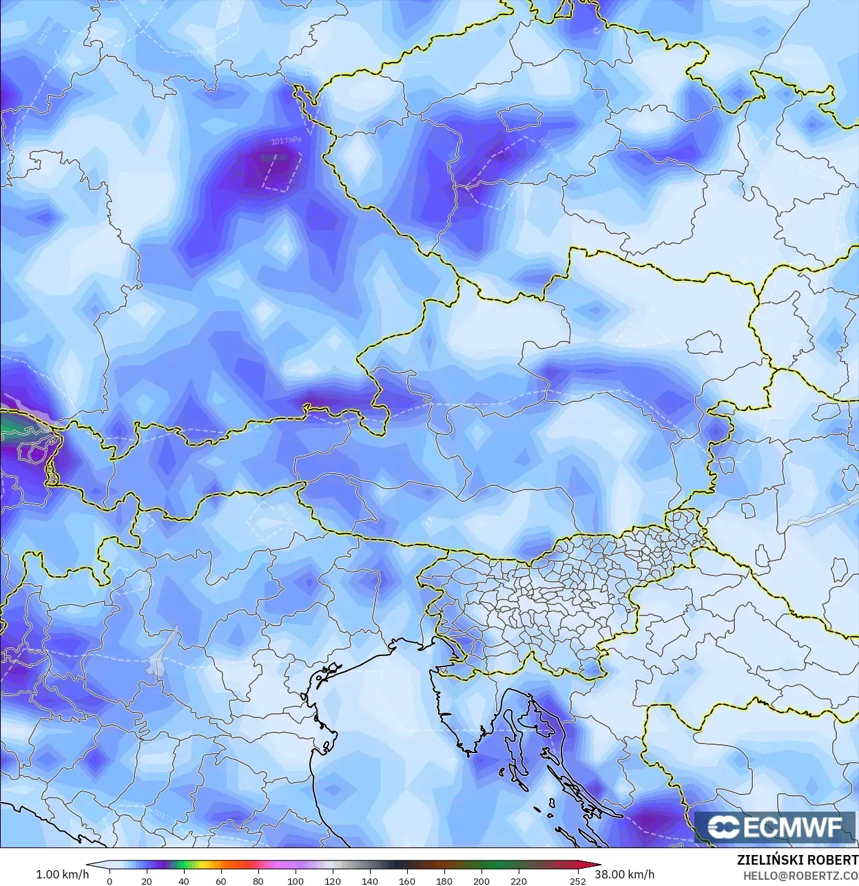 ECMWF IFS 0.25° modelo - Austria, Ráfagas de Viento Máximas
