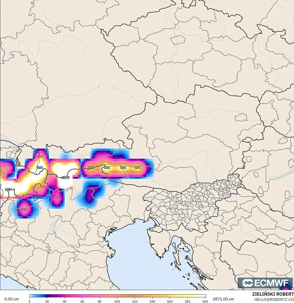 ECMWF IFS 0.25° modelo - Austria, Profundidad de nieve