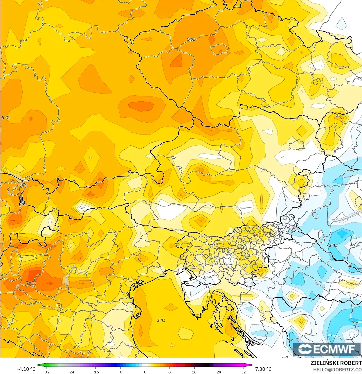 ECMWF IFS 0.25° modelo - Austria, Anomalía de temperatura a 2 m
