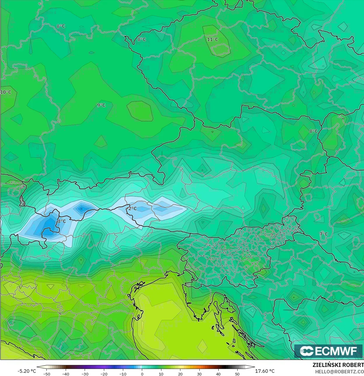 ECMWF IFS 0.25° modelo - Austria, Temperatura a 2 m