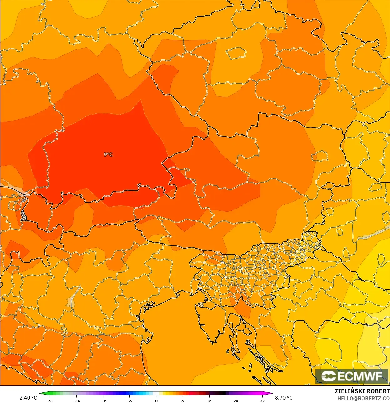ECMWF IFS 0.25° modelo - Austria, Anomalía de temperatura a 850 hPa