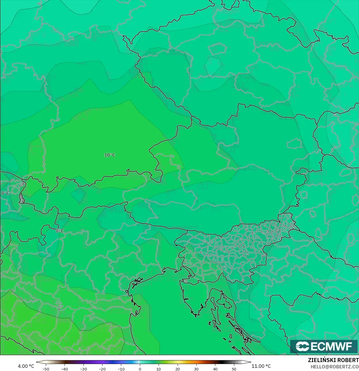 ECMWF IFS 0.25° modelo - Austria, Temperatura a 850 hPa