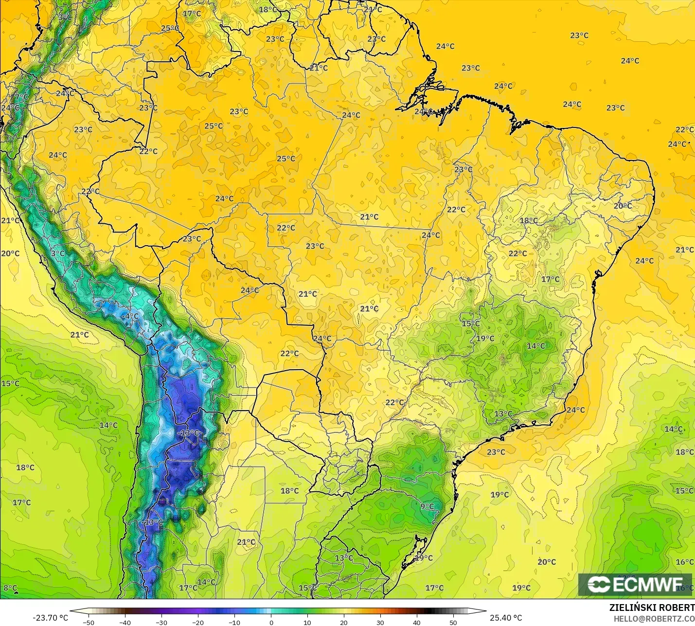 ECMWF IFS 0.25° modelo - Brasil, Punto de rocío a 2 m