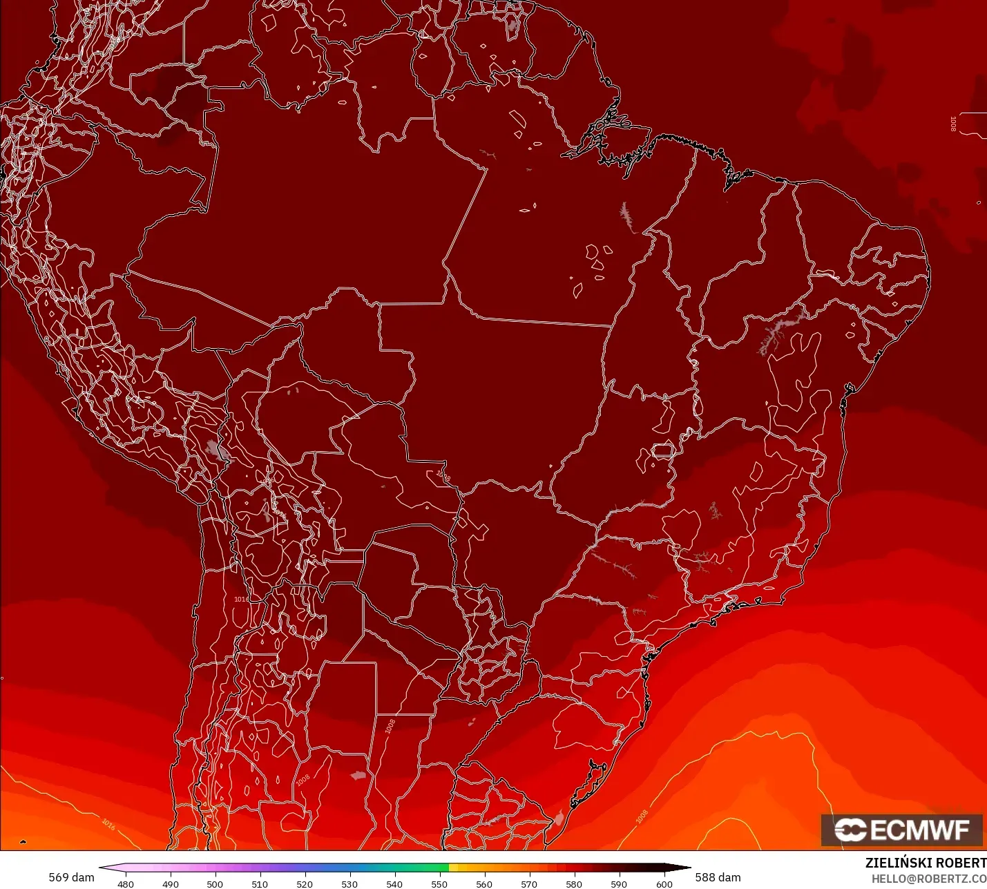 ECMWF IFS 0.25° modelo - Brasil, Altura geopotencial a 500 hPa