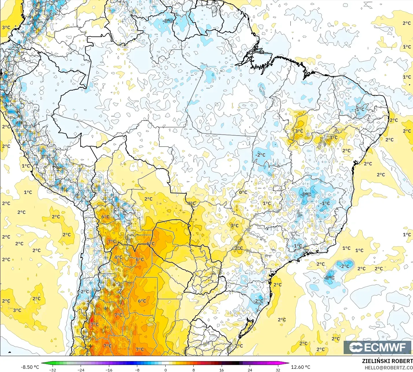 ECMWF IFS 0.25° modelo - Brasil, Anomalía de temperatura a 2 m