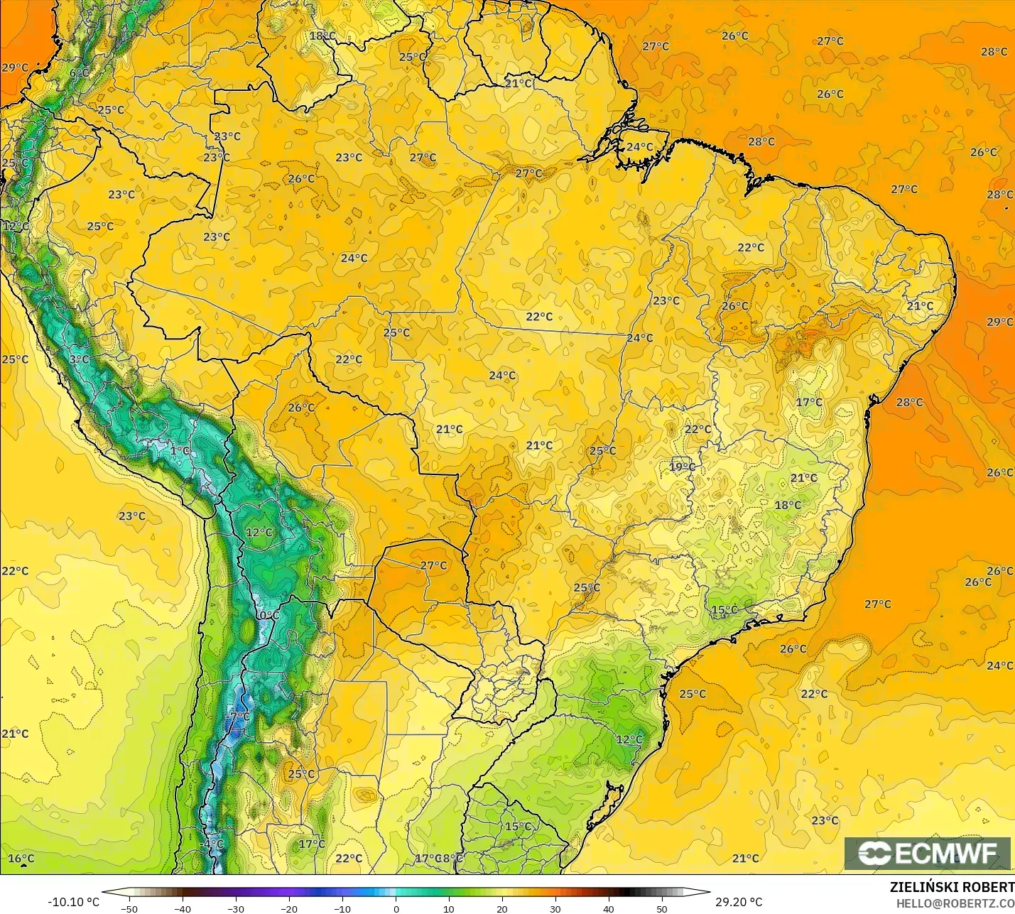 ECMWF IFS 0.25° modelo - Brasil, Temperatura a 2 m