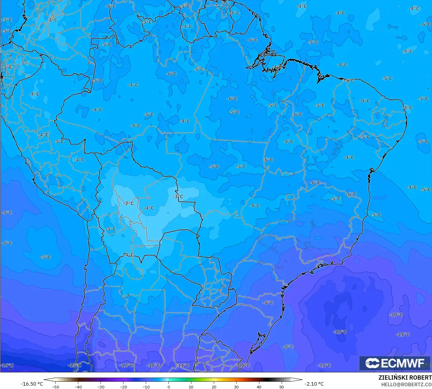ECMWF IFS 0.25° modelo - Brasil, Temperatura a 500 hPa