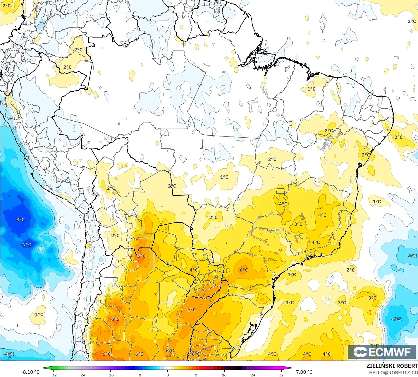 ECMWF IFS 0.25° modelo - Brasil, Anomalía de temperatura a 850 hPa