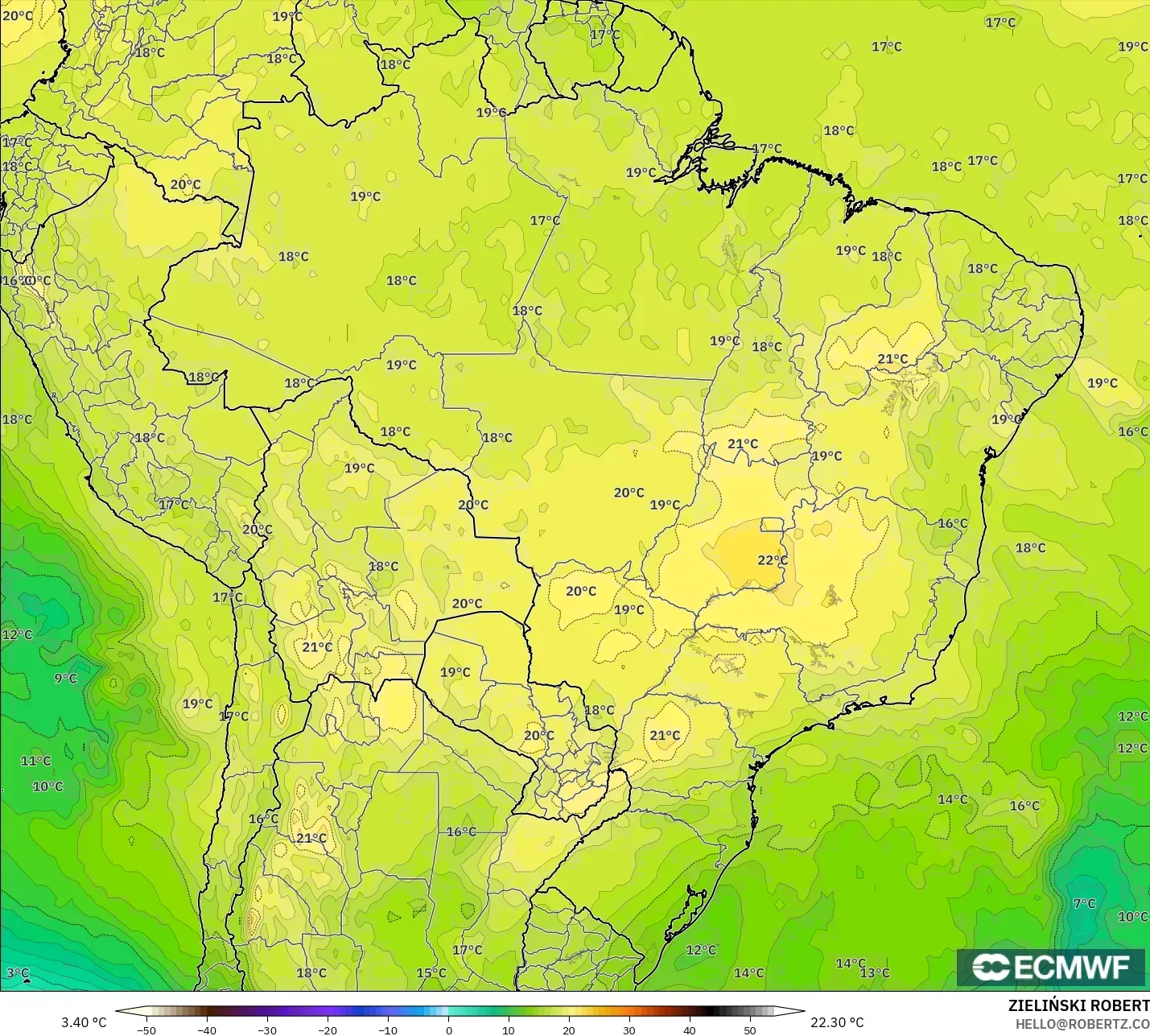 ECMWF IFS 0.25° modelo - Brasil, Temperatura a 850 hPa