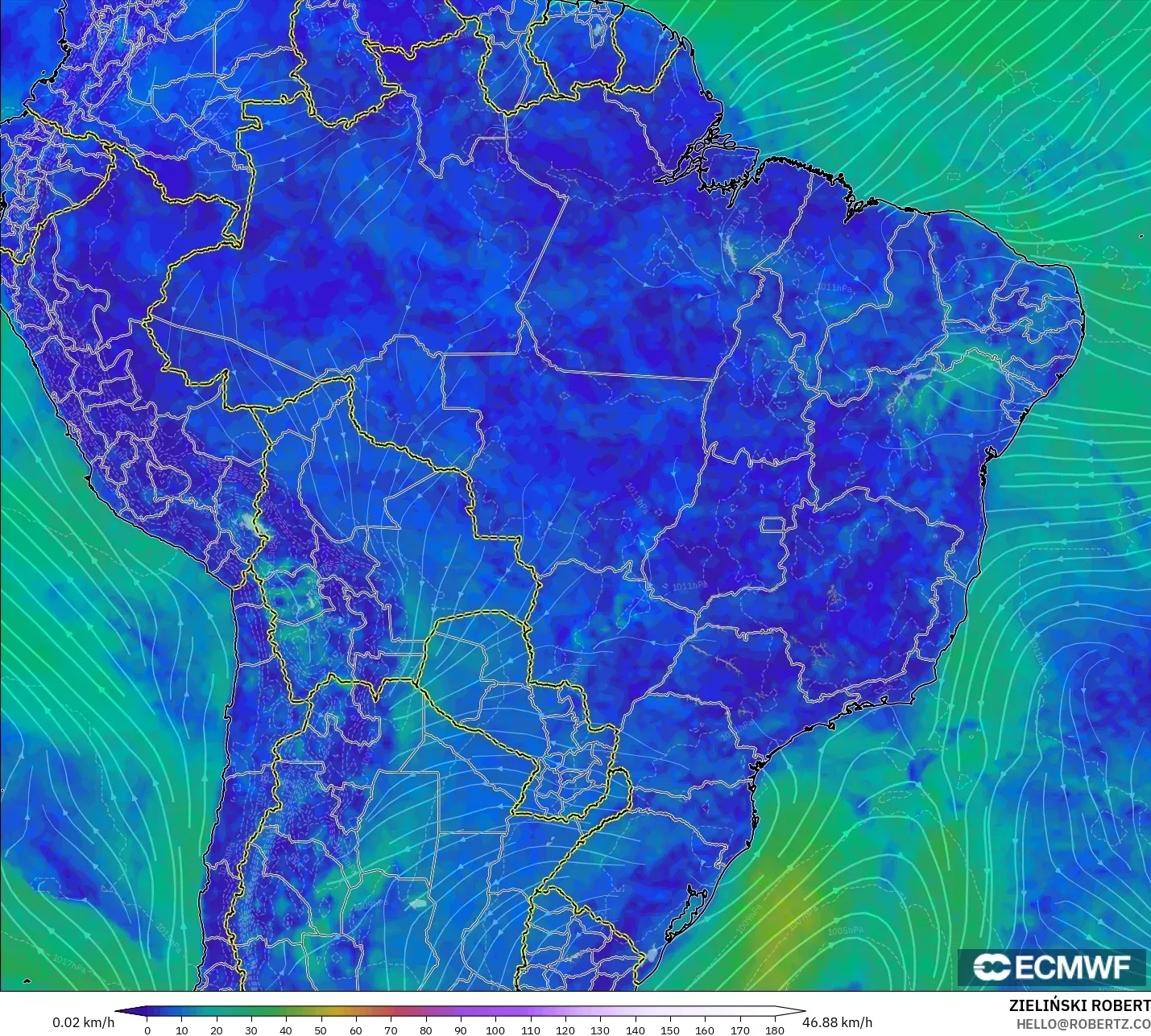 ECMWF IFS 0.25° modelo - Brasil, Viento a 10 m