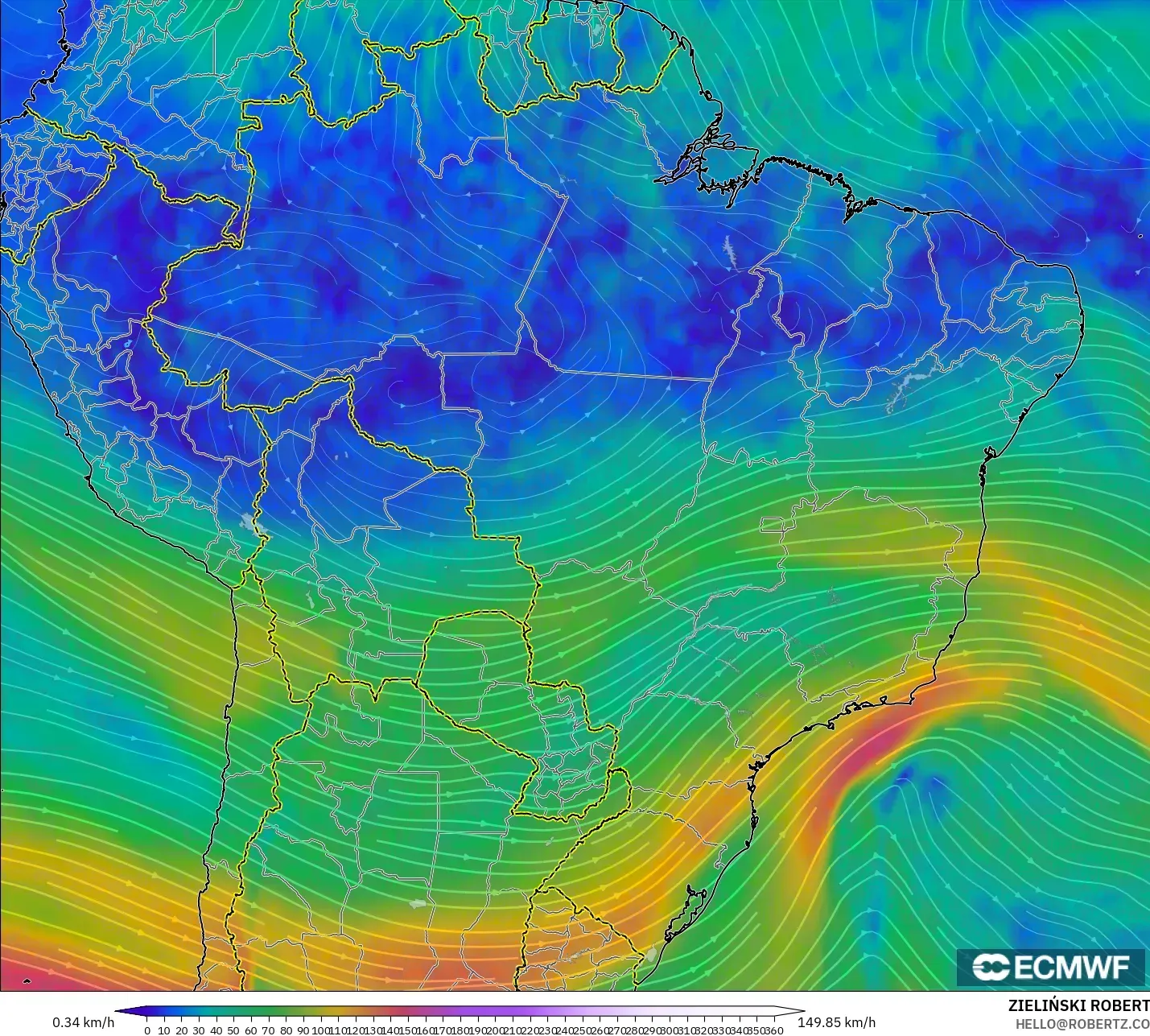 ECMWF IFS 0.25° modelo - Brasil, Viento a 300 hPa (corriente en chorro)
