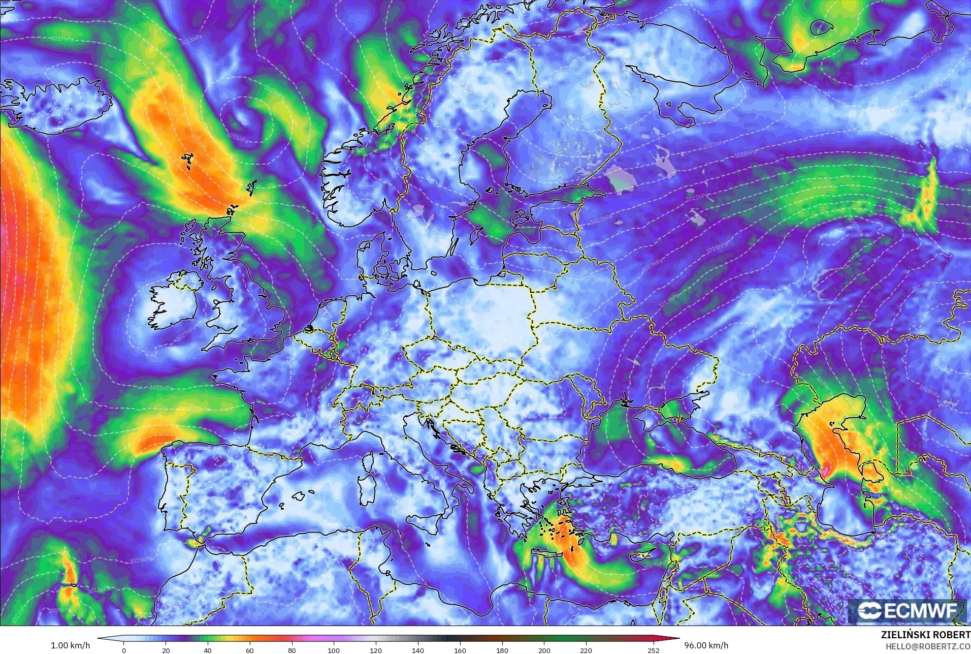 ECMWF IFS 0.25° modelo - Europa, Ráfagas de Viento Máximas