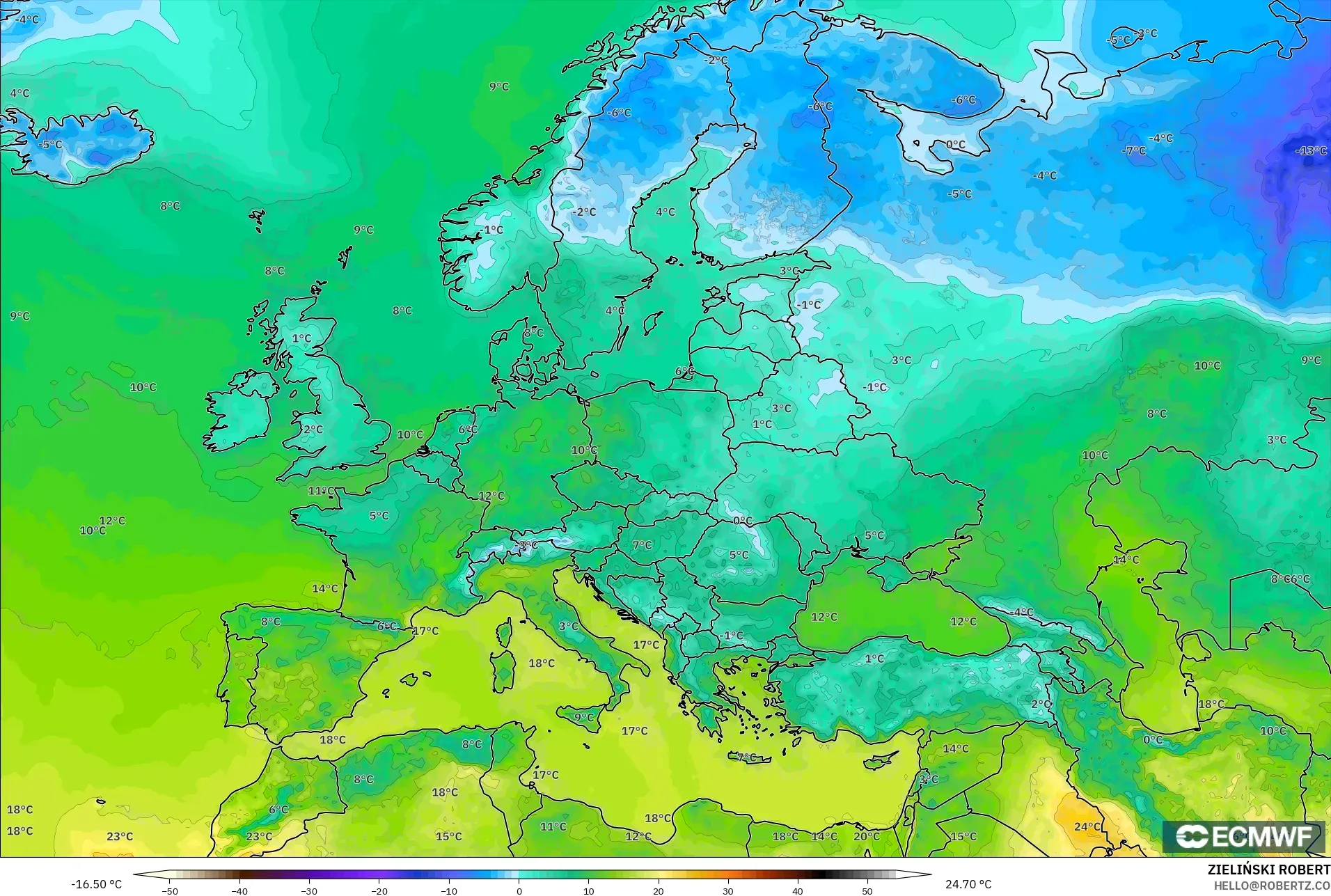 ECMWF IFS 0.25° modelo - Europa, Temperatura a 2 m