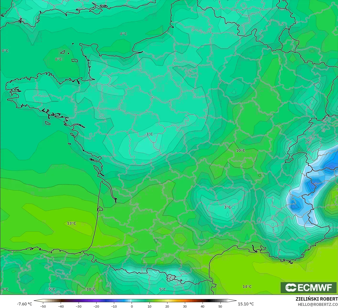 ECMWF IFS 0.25° modelo - Francia, Punto de rocío a 2 m