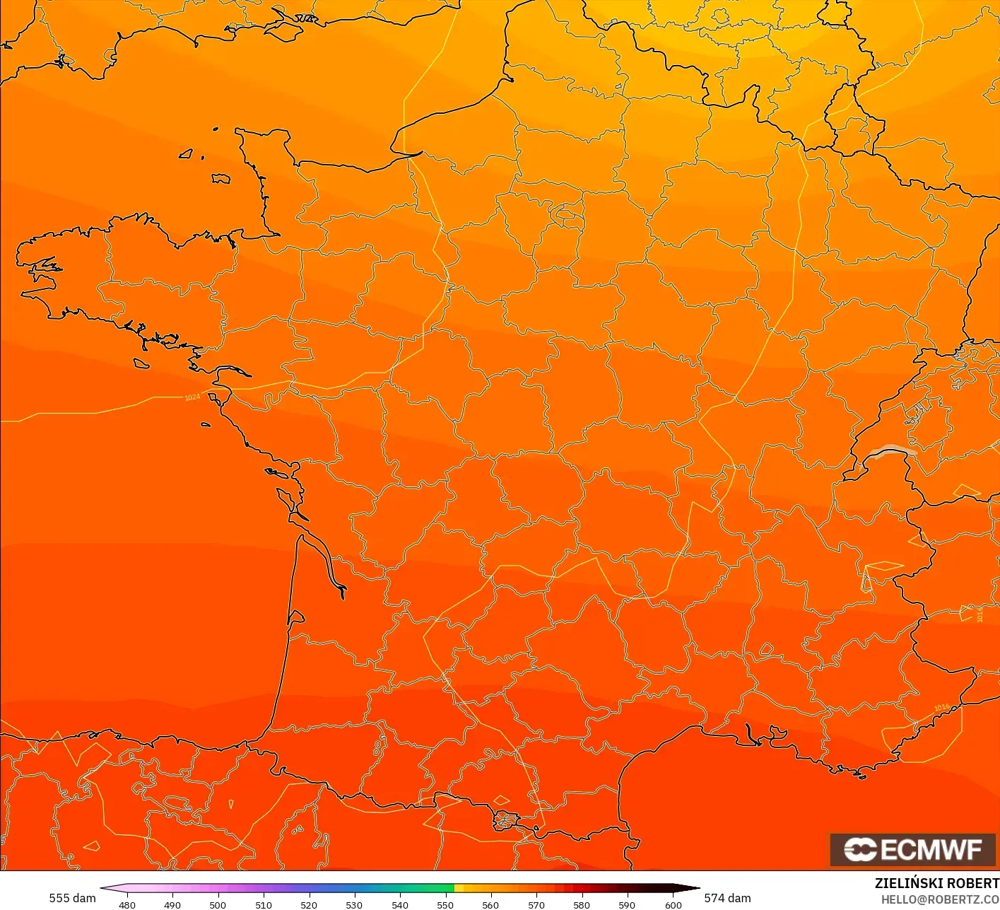 ECMWF IFS 0.25° modelo - Francia, Altura geopotencial a 500 hPa