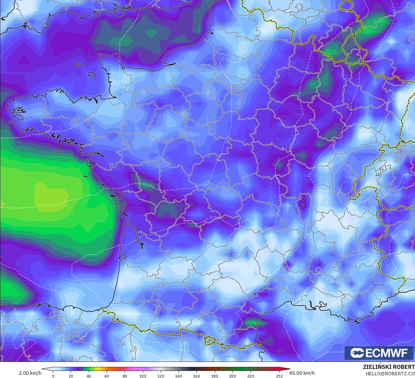 ECMWF IFS 0.25° modelo - Francia, Ráfagas de viento
