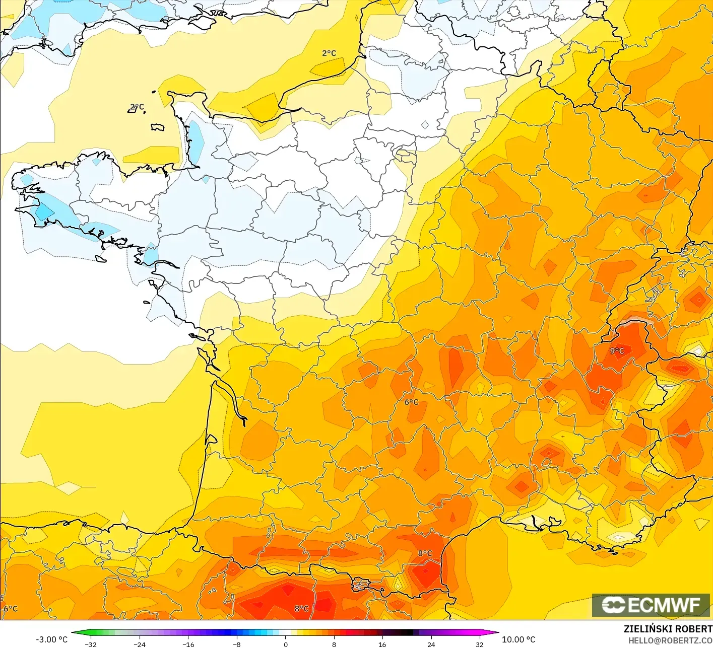 ECMWF IFS 0.25° modelo - Francia, Anomalía de temperatura a 2 m