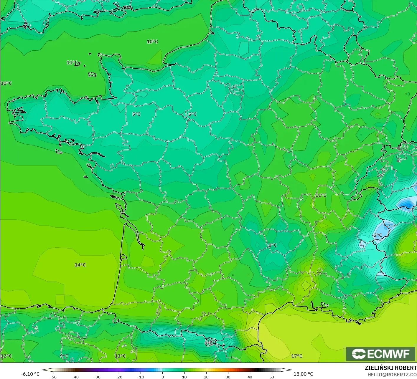 ECMWF IFS 0.25° modelo - Francia, Temperatura a 2 m