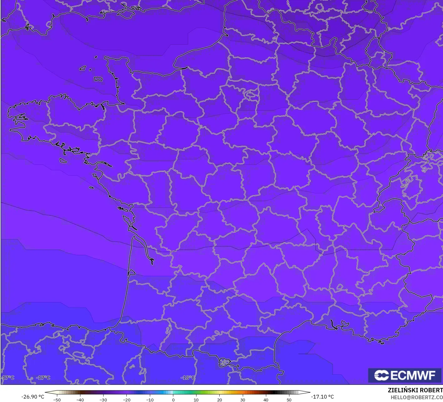 ECMWF IFS 0.25° modelo - Francia, Temperatura a 500 hPa