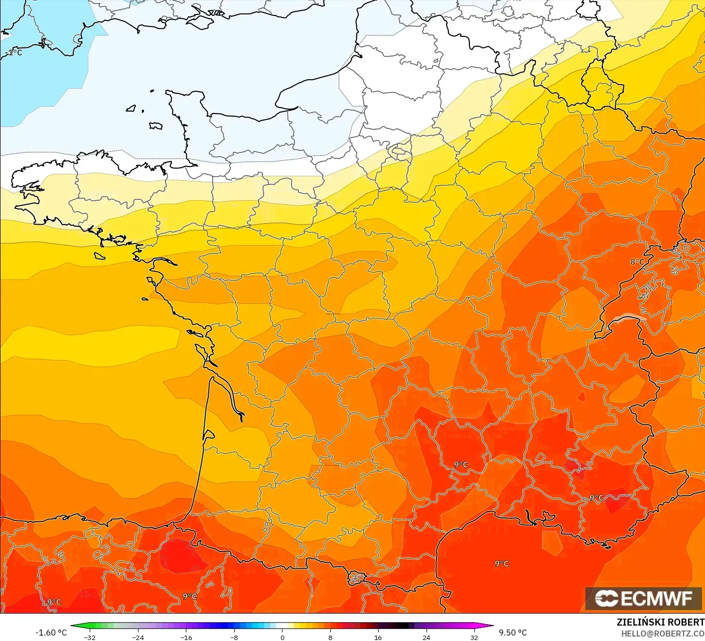 ECMWF IFS 0.25° modelo - Francia, Anomalía de temperatura a 850 hPa