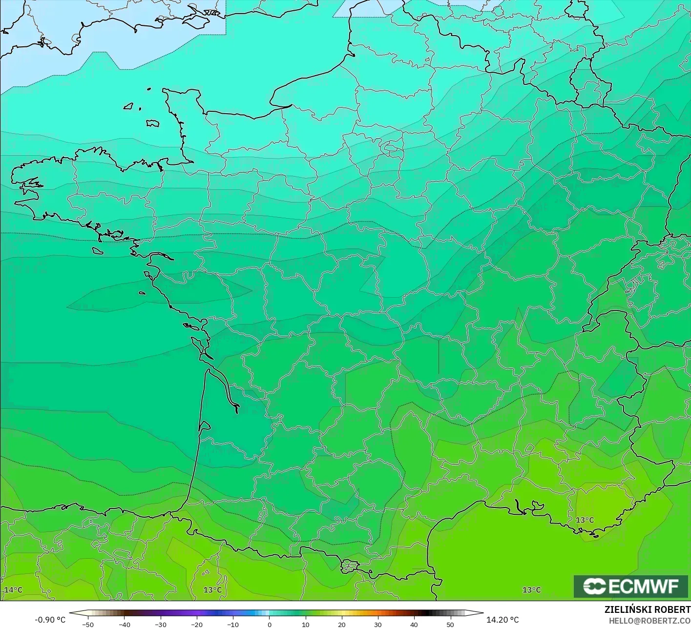 ECMWF IFS 0.25° modelo - Francia, Temperatura a 850 hPa