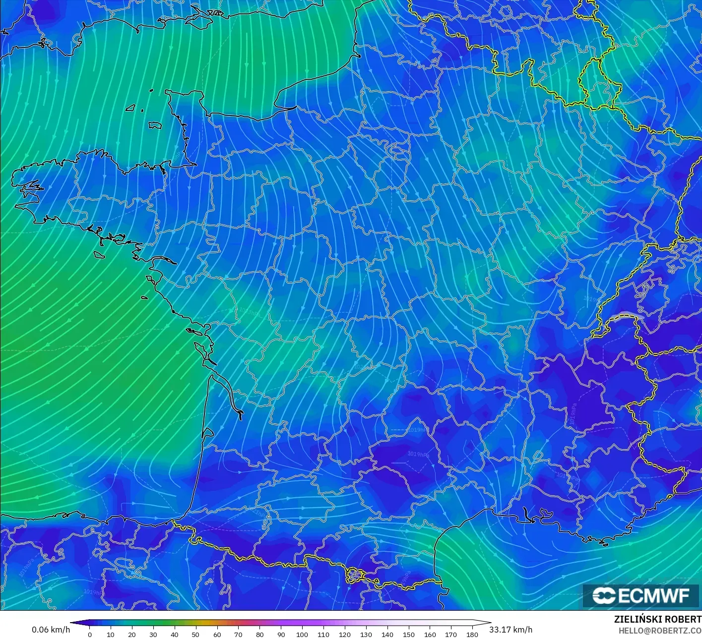 ECMWF IFS 0.25° modelo - Francia, Viento a 10 m