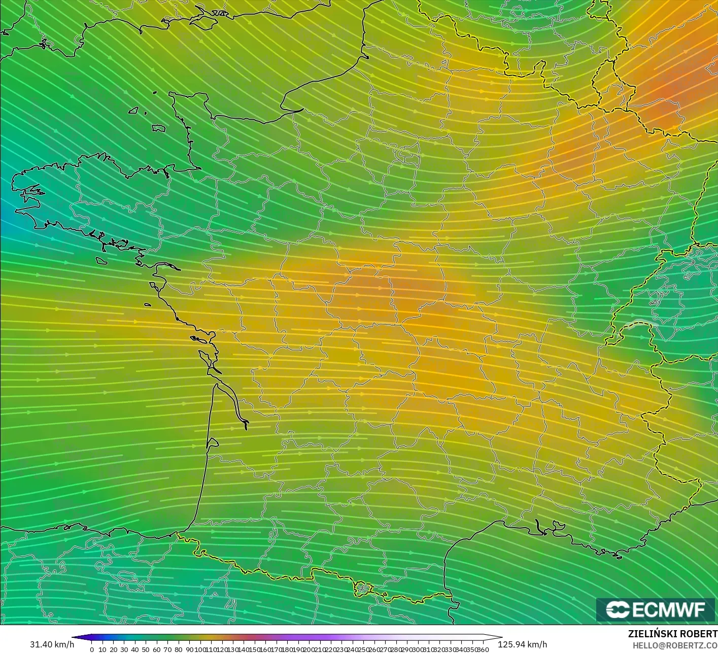 ECMWF IFS 0.25° modelo - Francia, Viento a 300 hPa (corriente en chorro)
